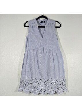 Gap Pinstripe Dress Women Small Blue Eyelet Scallop Hem Preppy Coastal Cotton